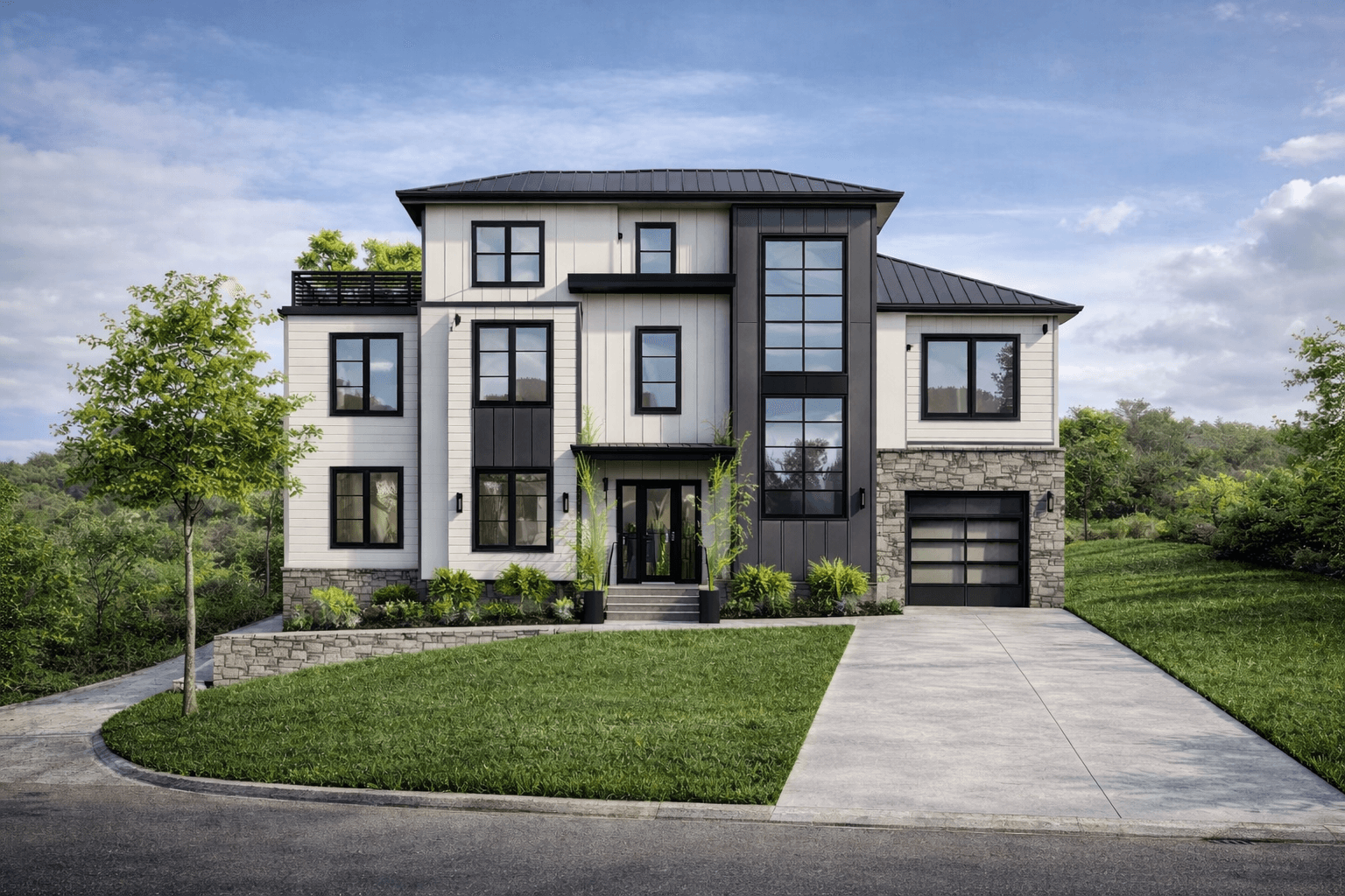 Architectural rendering of 60 Edgewater Road — a contemporary white-and-black home with metal roof accents and a stone base