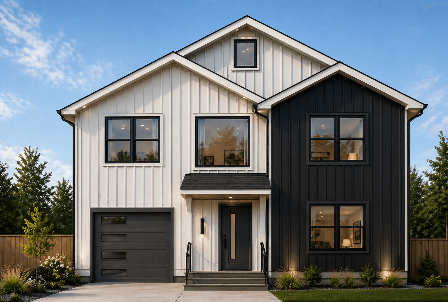Architectural rendering of 680 Maple Avenue — a modern black-and-white farmhouse