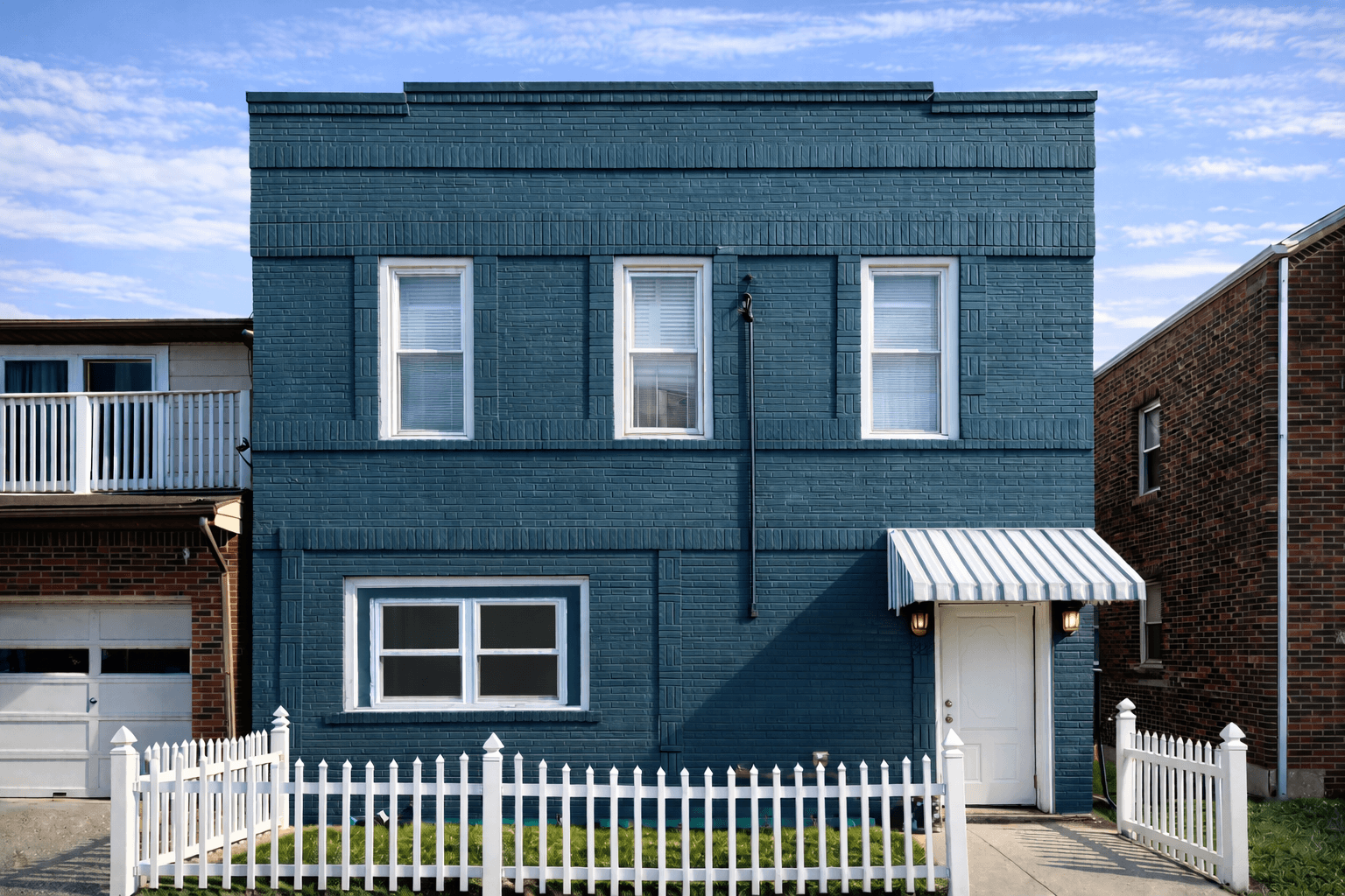 Front exterior of the Fairview remodel — a two-story home with a teal-painted facade, white trim, and a striped door awning