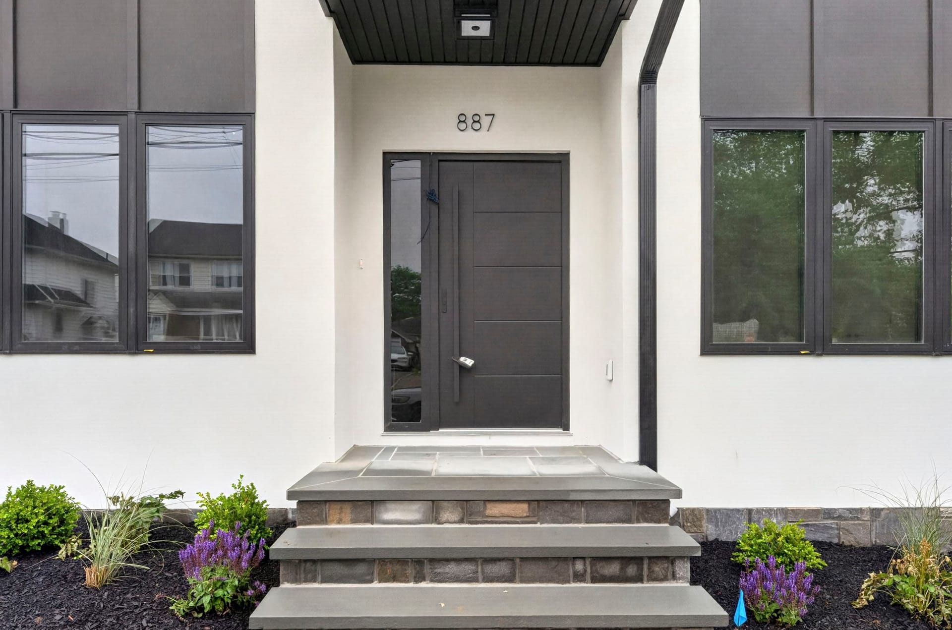 Front entry door detail with stone steps and landscaping